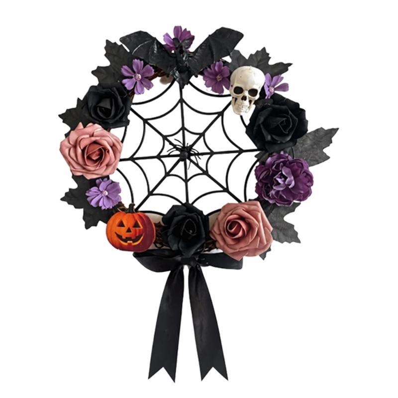 Artificial Skull Halloween Wreath, Dark Flower Wreath for Door, Wall and Entryway Decoration, Halloween Party Backdrops Store Window Display