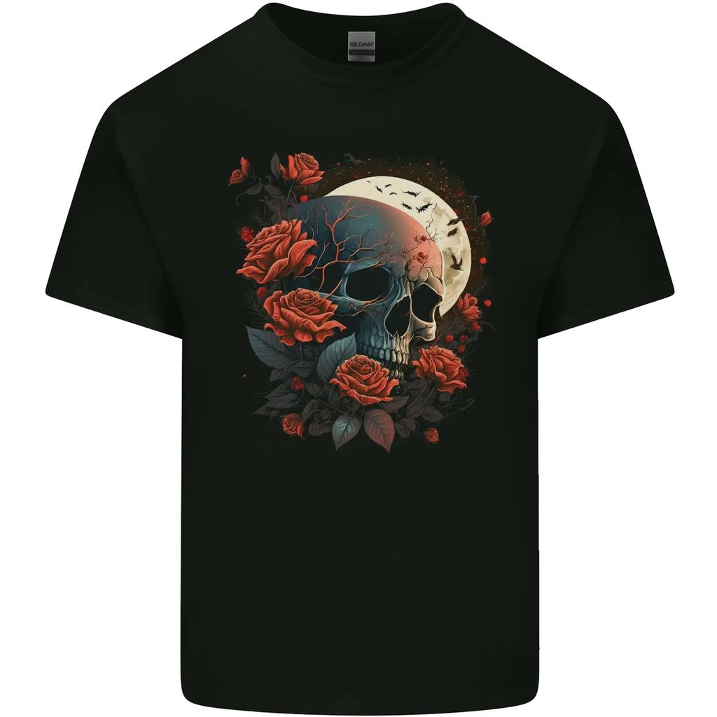 A Dark Fantasy Skull With Roses and Moon Kids T-Shirt Childrens