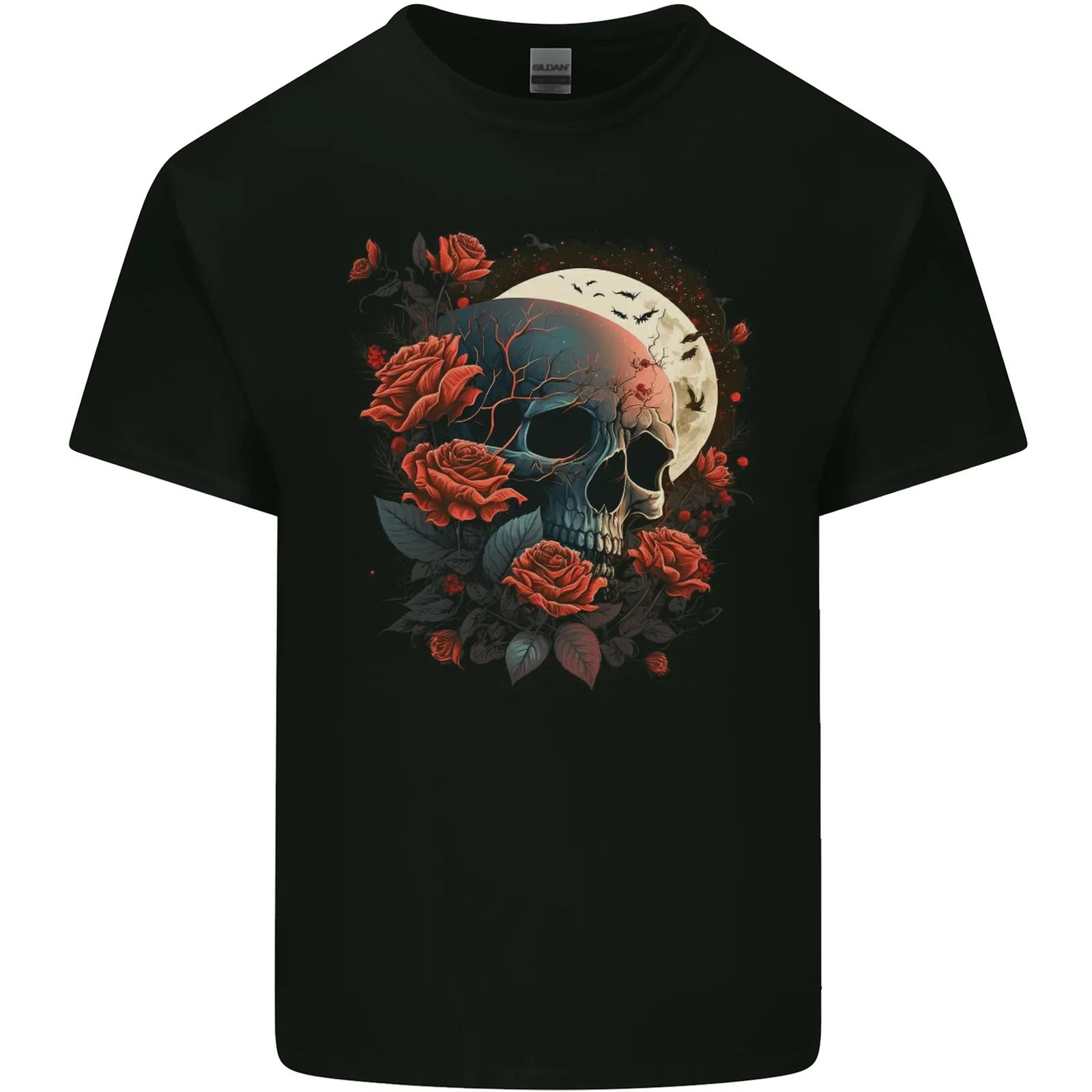 A Dark Fantasy Skull With Roses and Moon Kids T-Shirt Childrens 2XL