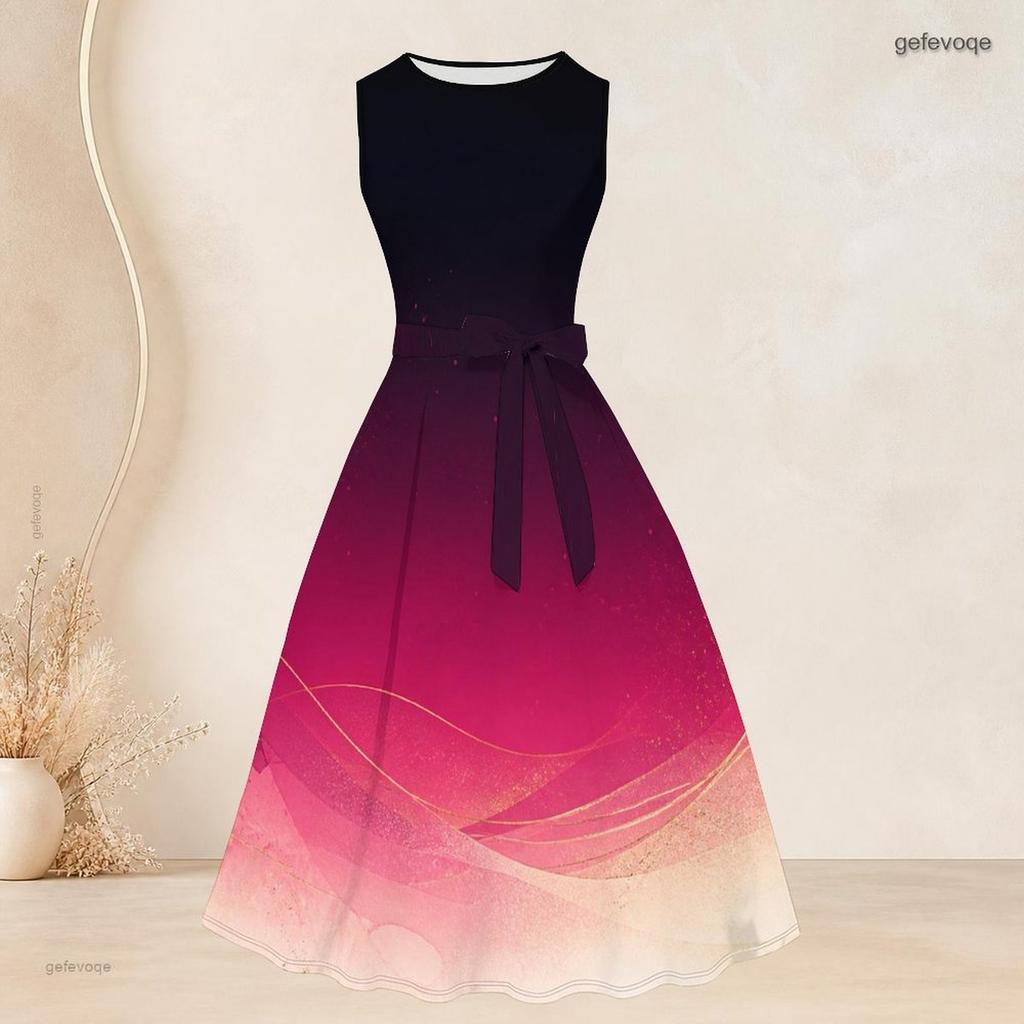 Women Plus Size Two Piece Set Printed Sleeveless Tie Waist Flared Dress And 3 4 Sleeve Open Cardigan