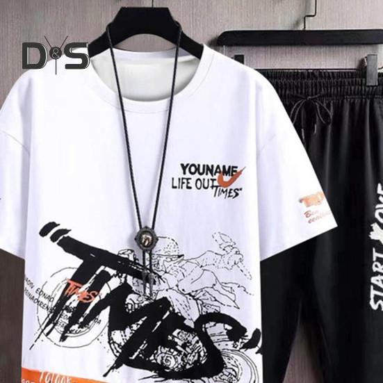 2Pcs/Set Men Summer Sportwear Set Letter Print O-neck Short Sleeve T-shirt Elastic Waist Drawstring Sweatpants Set Sport Outfit