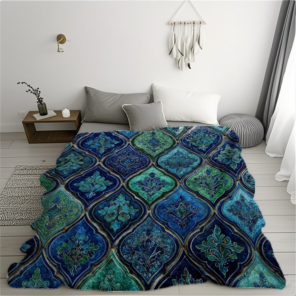 Elegant Turquoise Vintage Harajuku Blanket Aesthetic Geometric Pattern Soft Warm Cosy Throw for Bed Sofa Office Travel Hiking