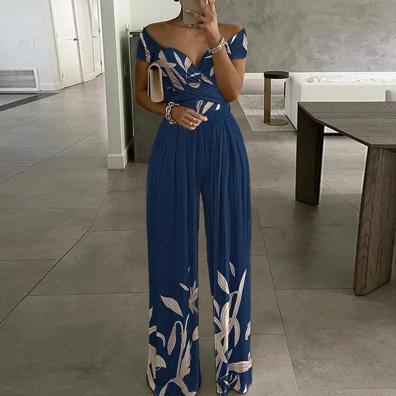 2026 spring new women's clothing, cross-border foreign trade Europe and the United States, one-word collar temperament printed casual wide-leg pants