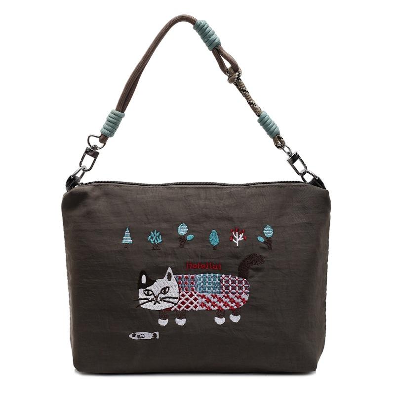 

Сумка с вышивкой кошки большой вместимости для весны и лета, водонепроницаемая, портативная, сумка-мессенджер, сумка на плечо, сумка для покупок, мультяшная нейлоновая сумка, женская серый