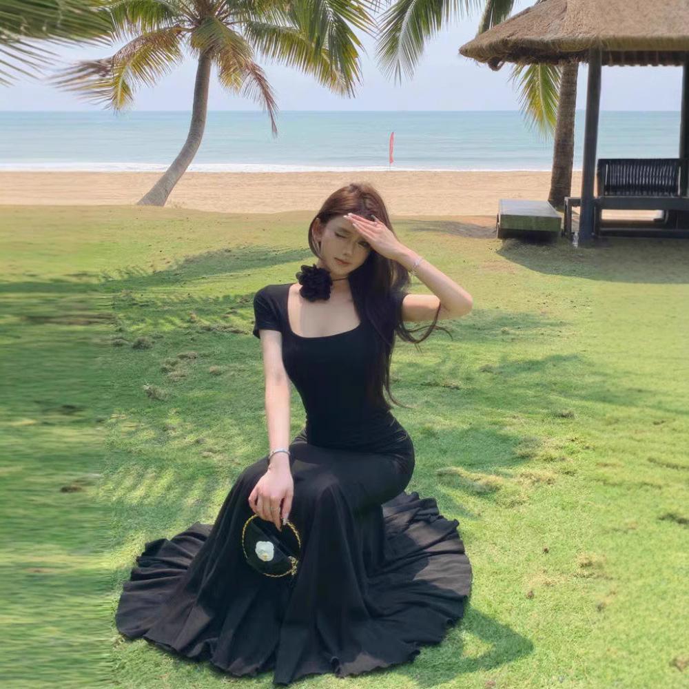 

Minimalist new Hepburn style French temperament pleated pure waist short sleeve hip wrap fish tail dress drape long dress XS красный