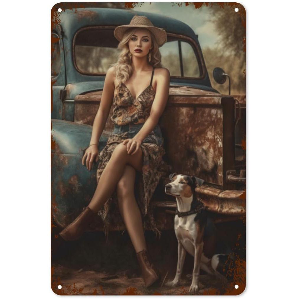 

Pinup Car Girls Metal Tin Signs Plaque Wall Decoration Vintage Art Posters Iron Painting for Man Cave Home Cafe Garden Club B 30x40cm