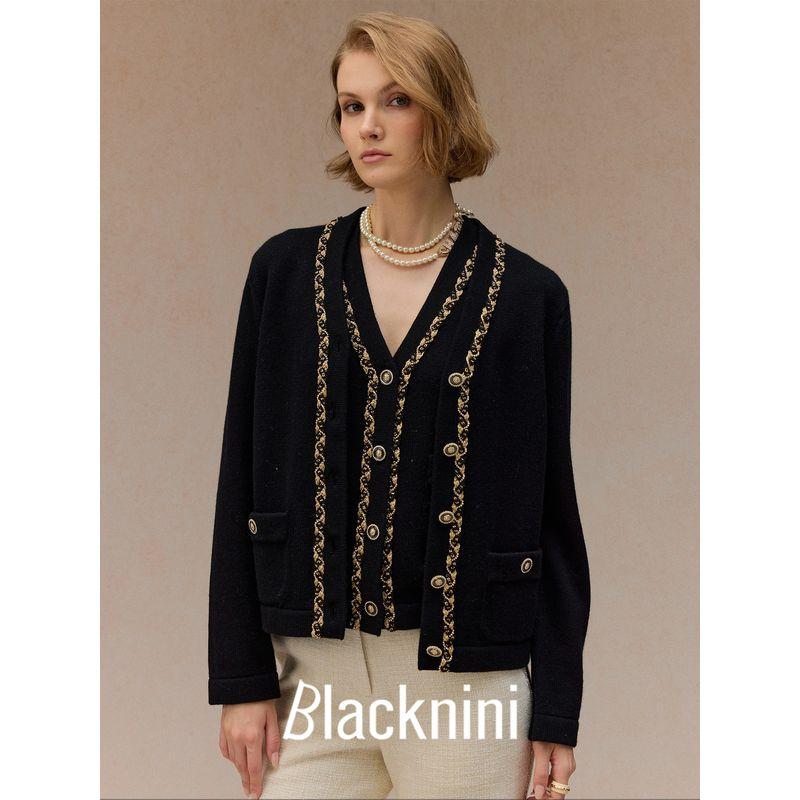 Blacknini Yin WAF/"Gatsby" Australian Mernu Wool Gold Silk Trim Knitting Vest Cardigan
