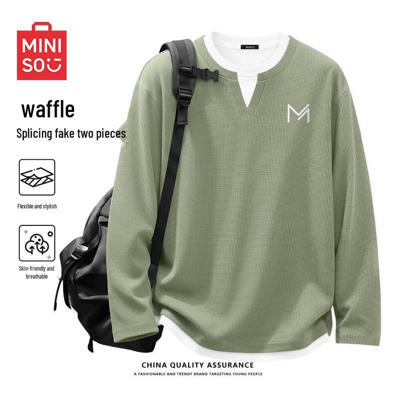 MINISO Men's Waffle-Knit Long Sleeve Fake Two-Piece T-Shirt