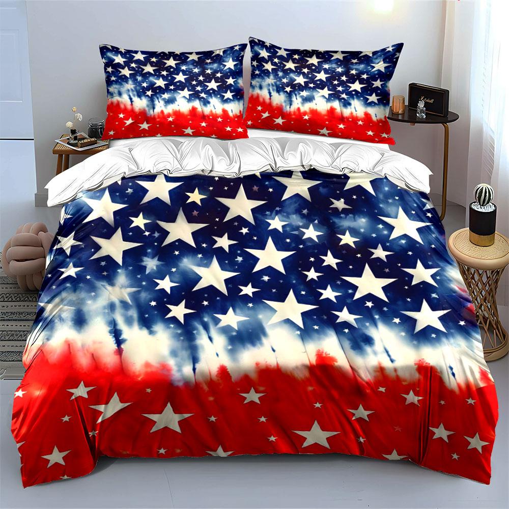 Red and Blue Gradient Star Pattern Bedding Set for Kids Luxury Gift 3pcs Digital Print Comforter Set Soft Comfortable Breathable