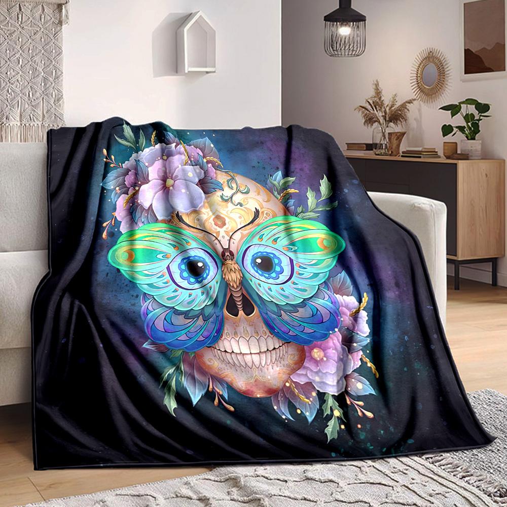 1pc Skull Butterfly Lightweight Flannel Blanket, Comfortable and Warm Blanket, for Office and Camping Sofa Bed, Livingroom091