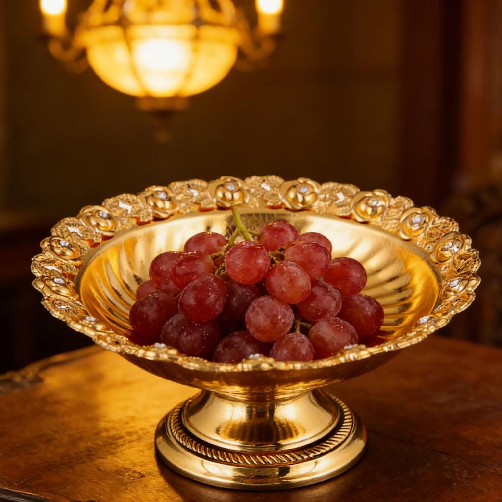 Footed Decorative Fruit Tray Vintage High Gloss Floral Carving Trim Metal Footed Fruit Plate for Snacks Nuts Gold