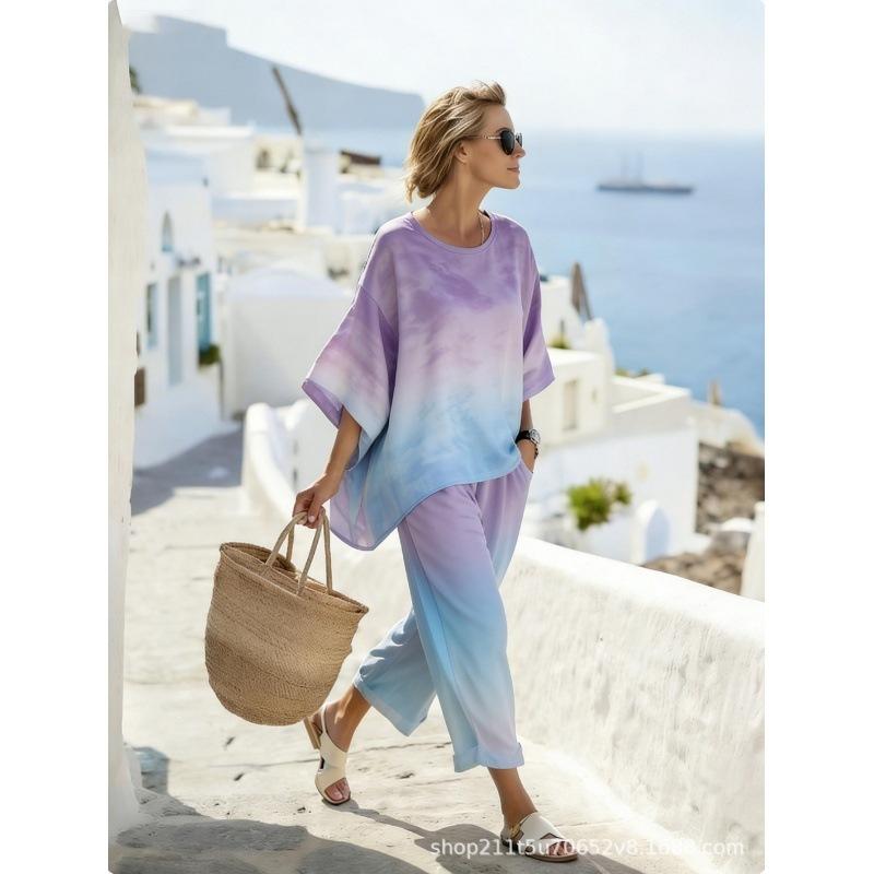 11161D printed bohemian round neck casual suit women's short-sleeved trousers two-piece set