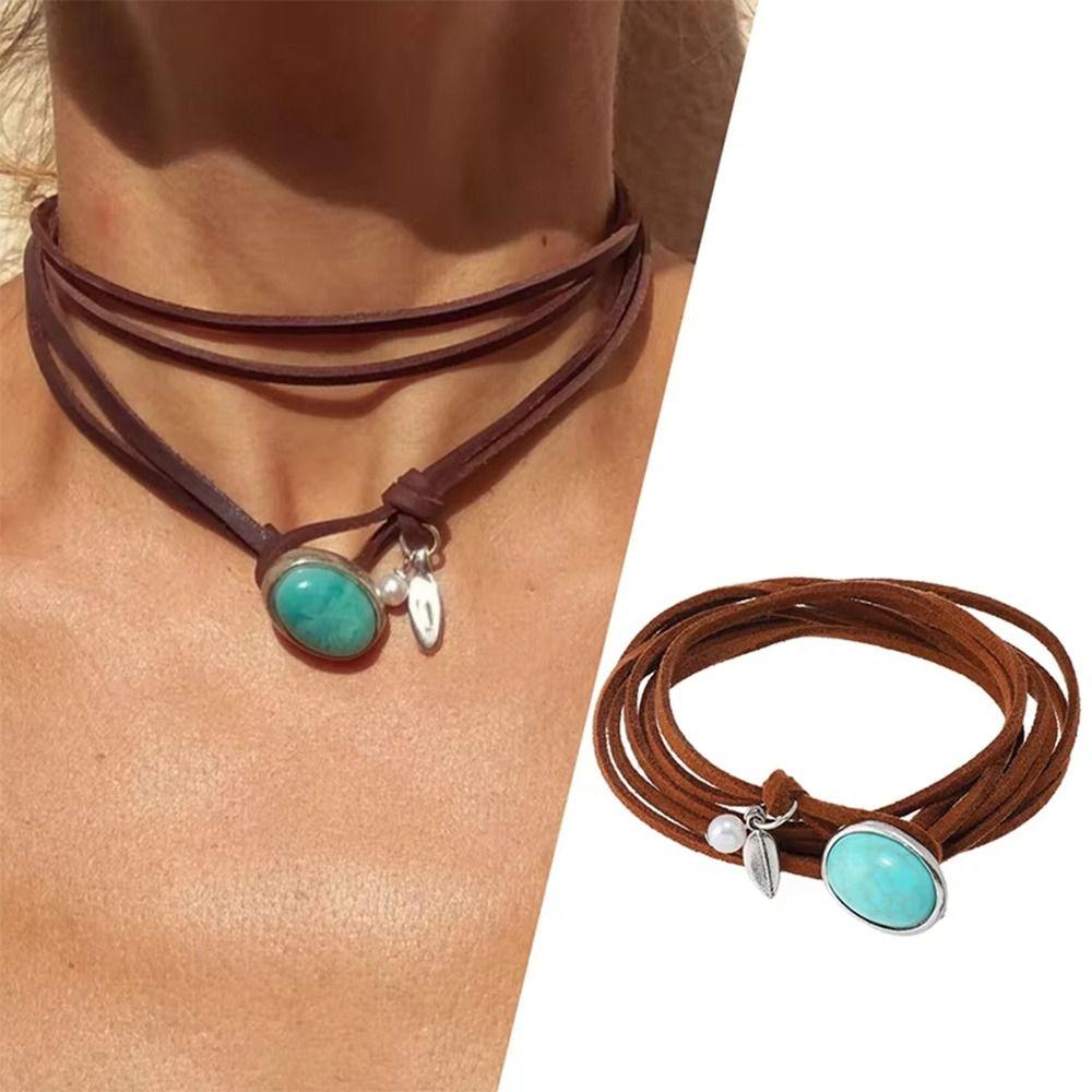 Vintage Turquoise Pendant Necklace Bohemian Retro Necklace Fashion Multi-Layer Choker  for Women