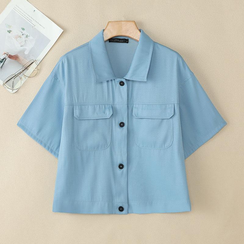 ZANZEA Blusa informal de verano de manga corta con cuello vuelto para mujer