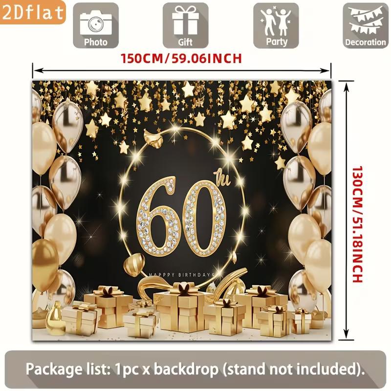 2D Black Gold 60 Birthday Backdrop Star Confetti & Balloon Decor Background Banner
