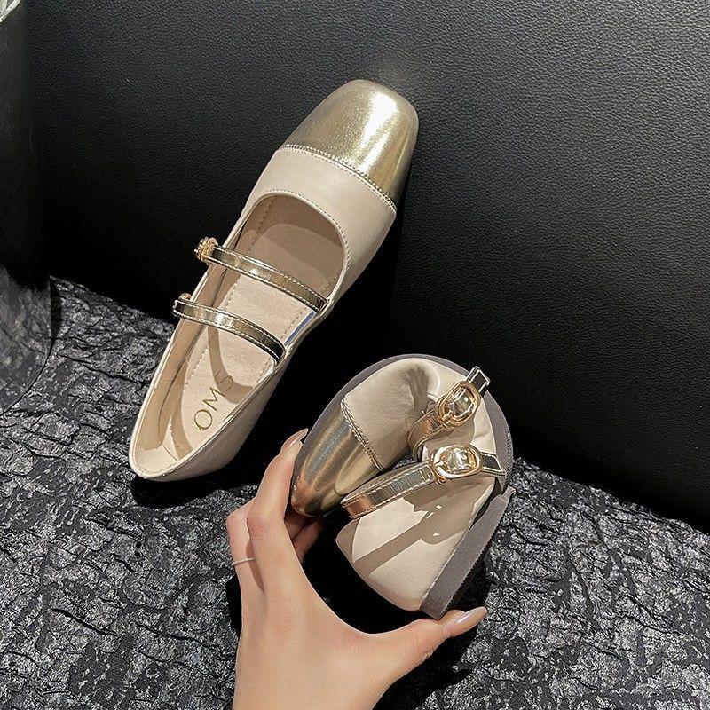 Xiaoxiangfeng Flat-bottomed Mary Jane Women's Shoes Fairy Wind Square Head Splicing Soft Casual Versatile One-word Buckle Light Mouth Single Shoes