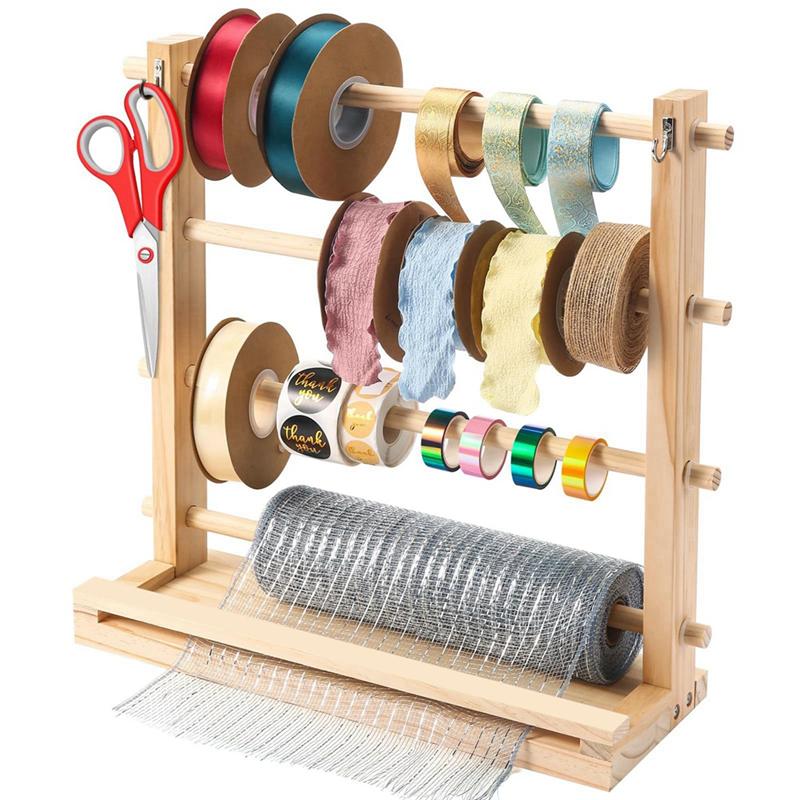 Good-4 Tiers Wooden Ribbon Rack Ribbon Spool Holder Storage Display Shelf Craft Ribbon Stand For Craft Room Ribbon Organizer