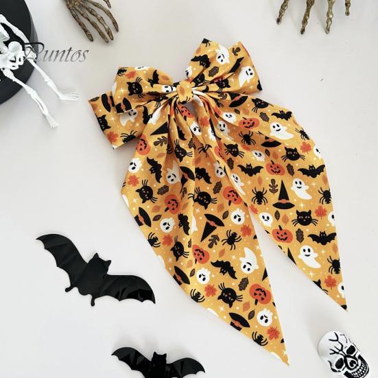 Pumpkin Print Bow Barrette Halloween Silky Satin Hair Bows, Big Ribbon Clips, Oversized Dynamic Long Tail Barrettes, Cute Accessories for Women Girls