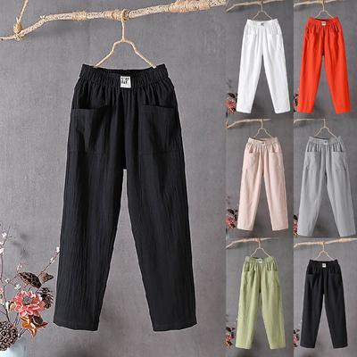 Women's Linen Cotton Straight Leg Pants Elastic Waistband Casual Trousers Nine Point Length Harem Style Loose Fit Lightweight Fabric