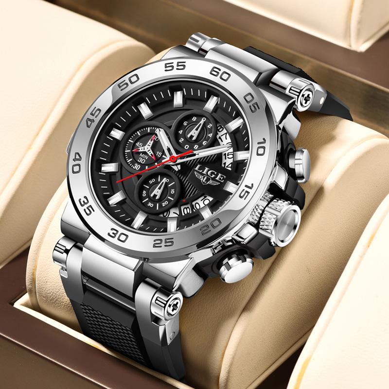 LIGE Sports Mens Watches Silicone Strap Chronograph Man Wristwatch Luminous Date Quartz Male Clock Function Small Dial Wach Box
