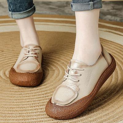 New Handmade Cow Leather Flats Women's Shoes 2024 Autumn Loafer Woman Laced Up Moccasin Vintage Oxfords Shoes Ladies Brown Flats