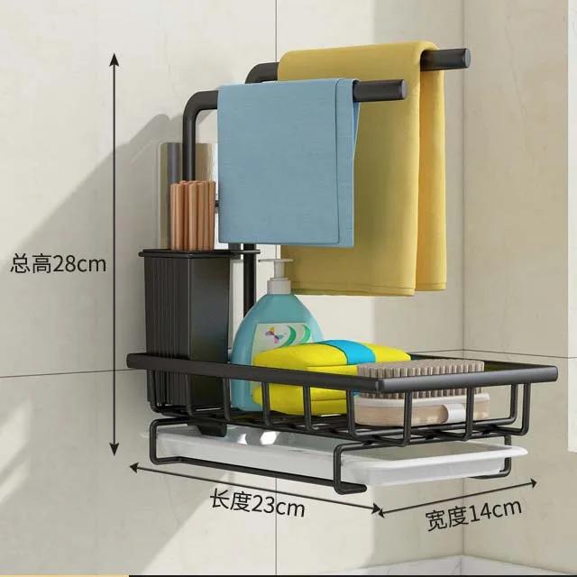 Sponge Holder Kitchen Sink Organizer with Towel Rack Drain Pan Wall Mounted&Desktop Dish Drainer Soap Dish Rack Drainer Sink