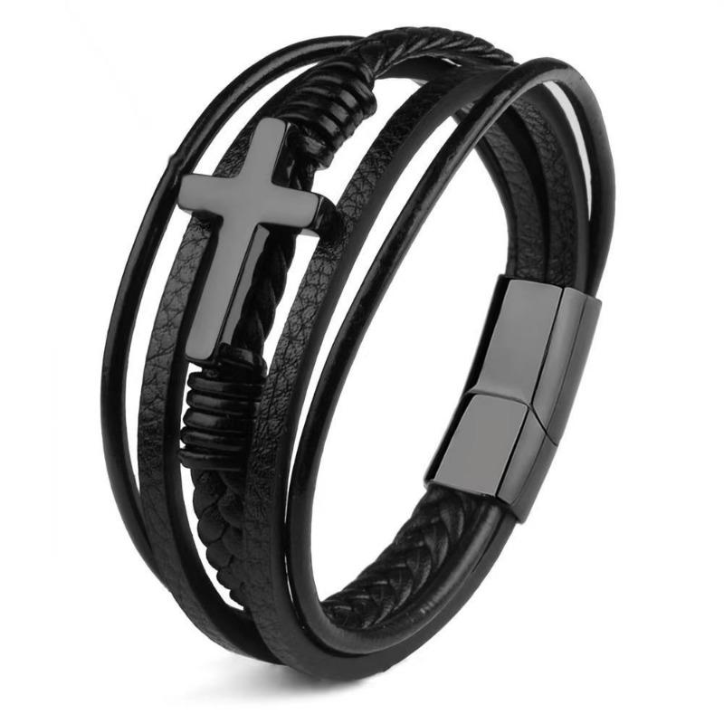 Punk Cross Leather Bracelet for Men Multi-layer Hand-woven Rope Magnetic Buckle Bracelet Accessory
