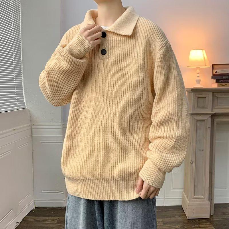 Japanese Lazy Style Polo Neck Sweater Men's American Retro Coffee Color Advanced Sense Oversize Knitted Sweater