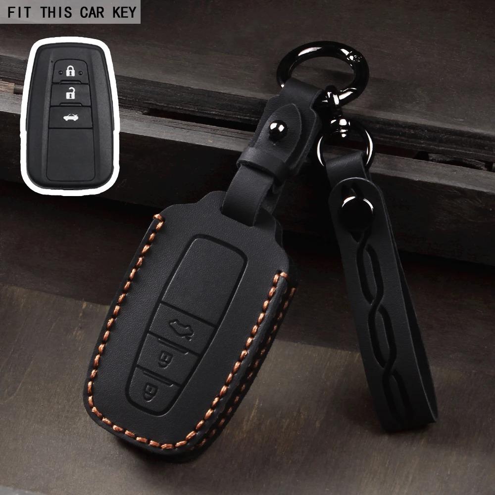 Leather Car Smart 3 Button Key Case Cover Bag Keychain for Toyota Avalon Camry RAV4 Prius CHR C-HR Corolla Land Cruiser Prado