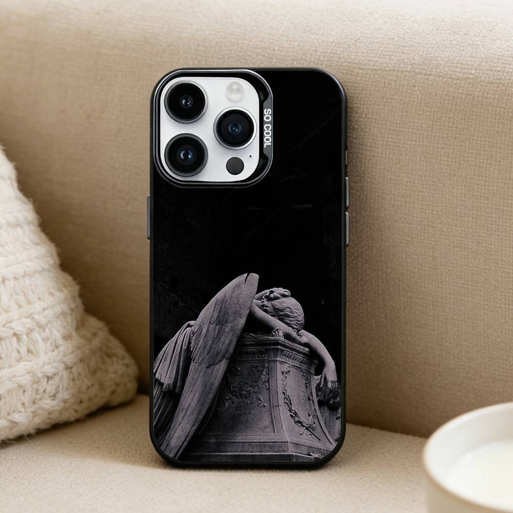 Angel Sculpture Phone Case For iPhone17, 16,15,14,13,12 Pro Max Black Candy Matte Shockproof Cover