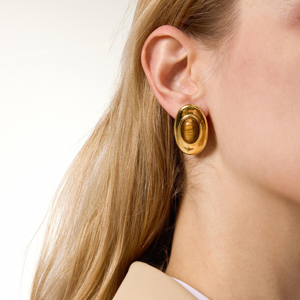 Youthway Vintage Tiger Eye Stone Stud Earrings For Women Minimalist Gold Plated Stainless Steel Earrings Fashion Jewelry