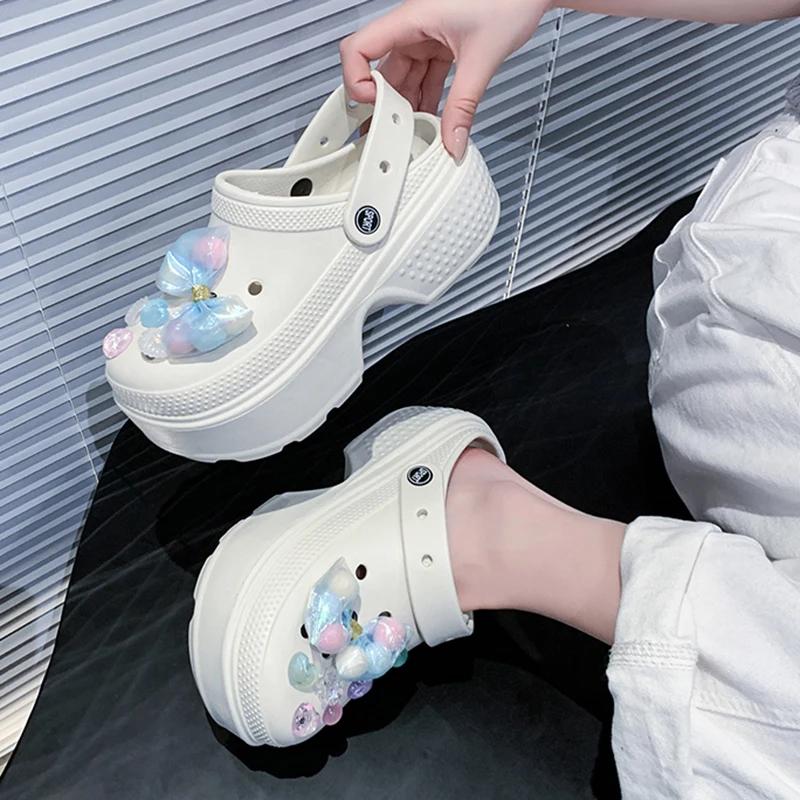 Fashion Colorful Bowknot Chunky Platform Garden Shoes Women Hollow Out Thick Bottom Clogs Sandals Woman Non Slip Summer Beach Slippers