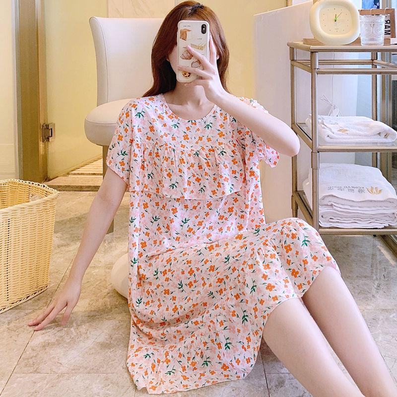 Sleeping Dress for Women In Summer Thin Cotton Silk Short Sleeved Without Chest Pad Home Clothing Knee Length for Outdoor Wear Dress