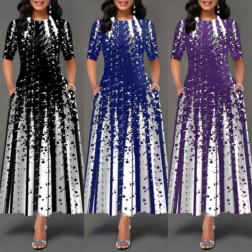 2025 New Women's Fashion Personalized Gradient Positioning Printed Round Neck Middle Sleeve Large Swing Dress