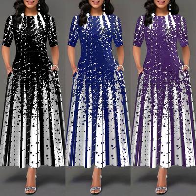 2025 Neue Damenmode Personalisierte Gradienten-Positionierung Bedrucktes Rundhals-Mittelarm-Großes Schwingkleid