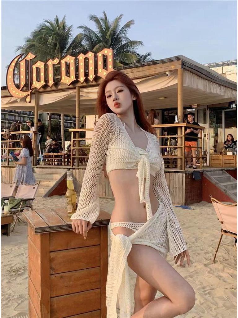 Elegant White Mesh Bikini Set - 2024 Spring Collection with Long Sleeve, European and American Style.