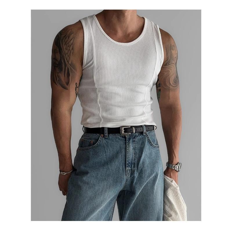 Herren Rippstrick Tanktop Slim Fit Ärmellos Muskelshirt Lässig Einfarbig Rundhalsausschnitt Weste