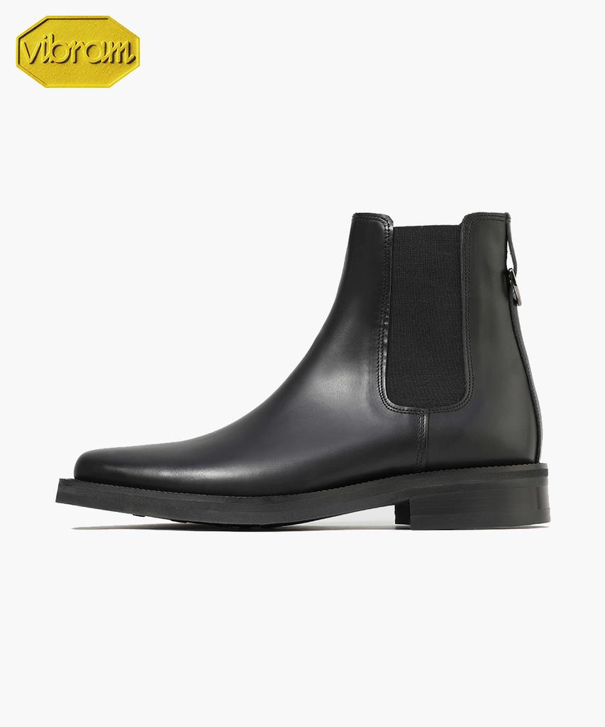 Firenze Atelier [Vibram] Minimal Square Toe Standard Rubber Sole Chelsea Boots 9410 [Black Fg]