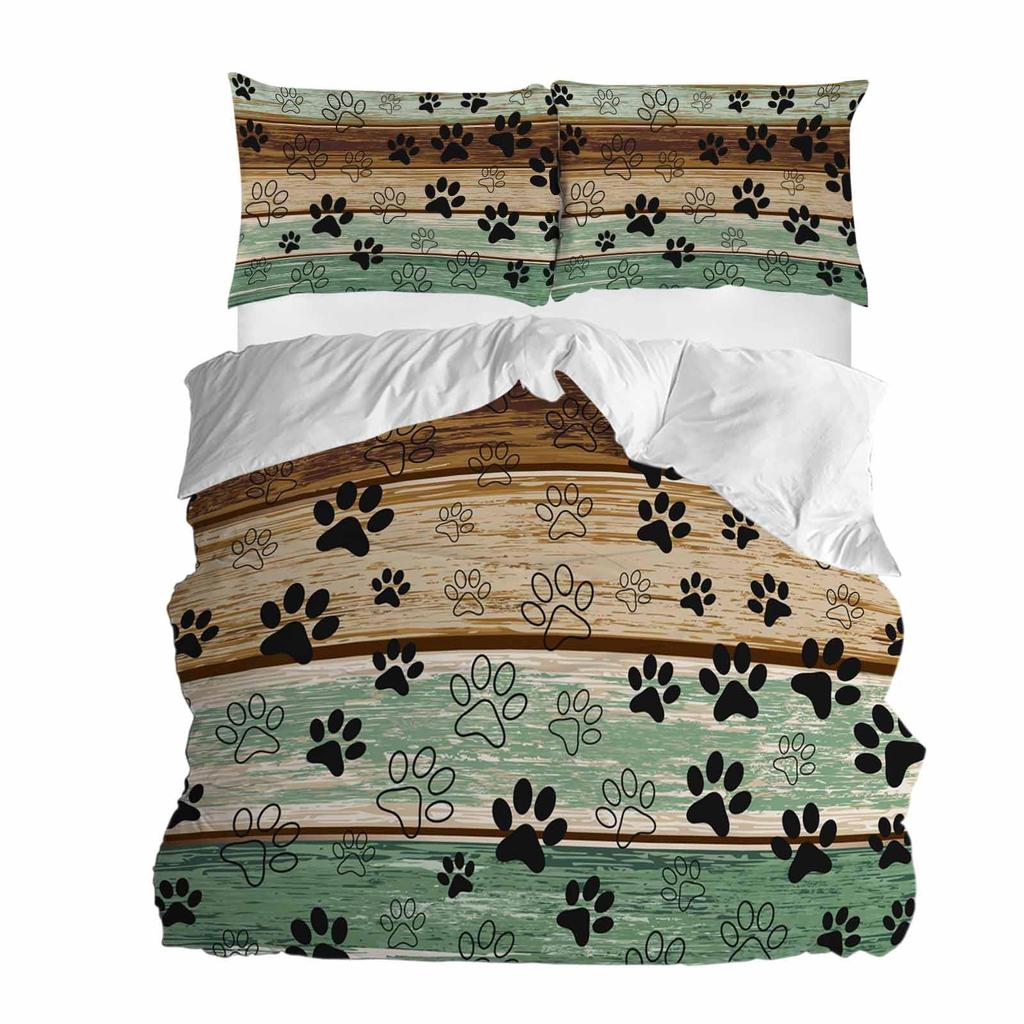 Dog Paw Print Duvet Cover Set Queen Size, Bone Pattern Bedding Set 3pcs For Kids Teens Room Decor, Pet Animals Comforter Covers