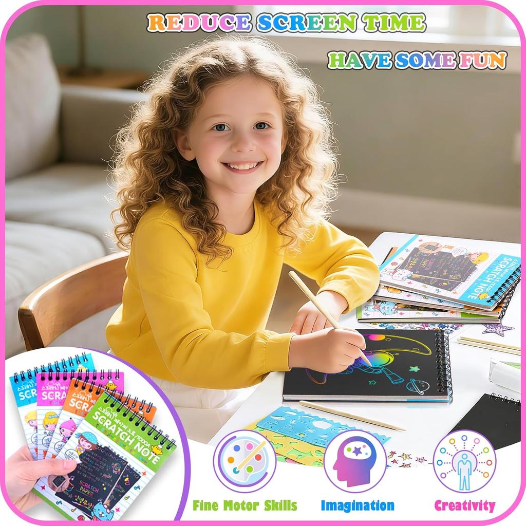 12 PCS Scratch Art Set 4 Rainbow Mini Notebooks 4 Stencil Sheets 4 Wooden Stylus Fun Drawing, Party Favors Creative Gifts