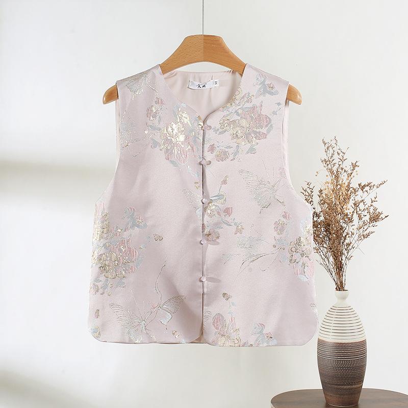 

Vintage buckle small round neck jacquard brocade weave gold embroidered vest women s spring top XXXL [Recommended 138-75kg] розовый