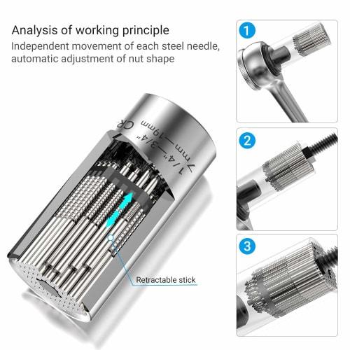 MAEXUS Universal Socket, Fits 7-19mm (1/4-3/4 Inch), 54 Built-in Steel Pins, Multi-Function 2-Piece Set, Work Tool with Drill Adapter