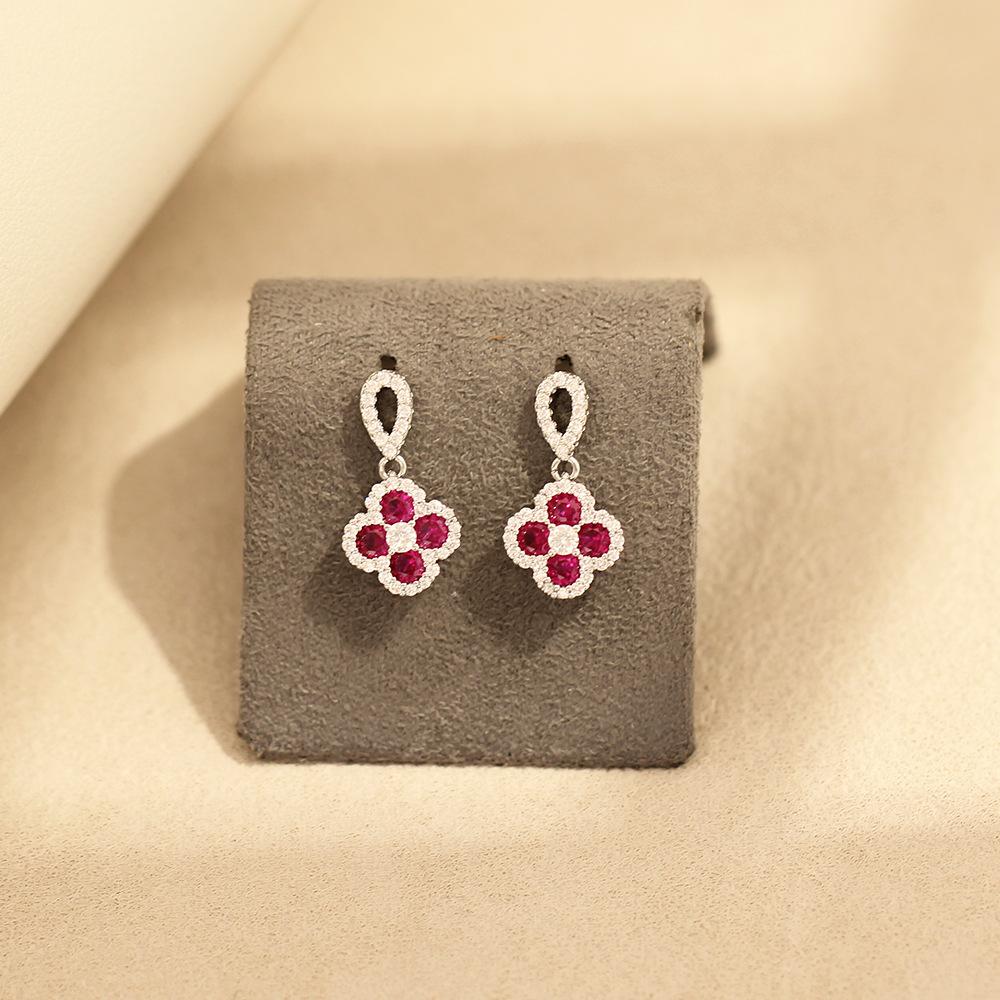 Exquisite temperament, diamond-inlaid red green four-leaf clover earrings, gold-plated, light luxury, 925 silver needle stud earrings, earrings, earri