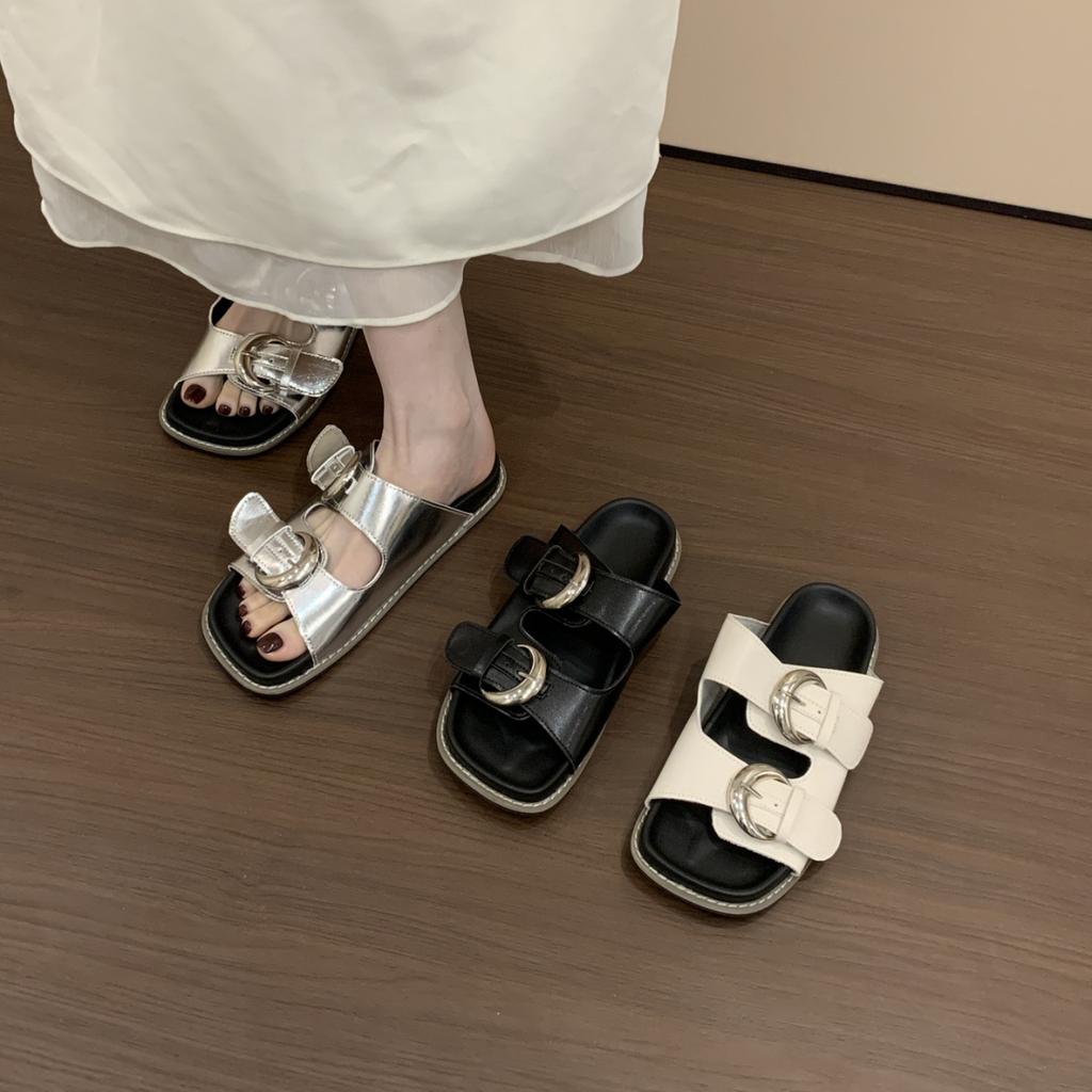 French casual belt buckle thick-soled cloth-covered cool slippers summer retro outer wear open-toed flat-bottomed casual one-word slippers