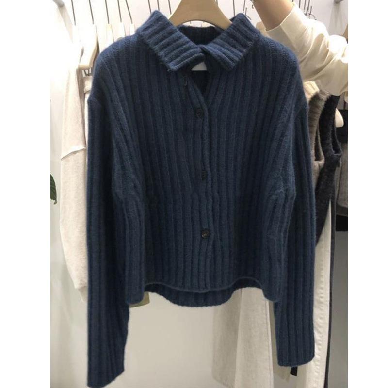 

Gray short vertical striped collar wool knitted cardigan autumn and winter new sweater jacket women s clothing L Темно-синій