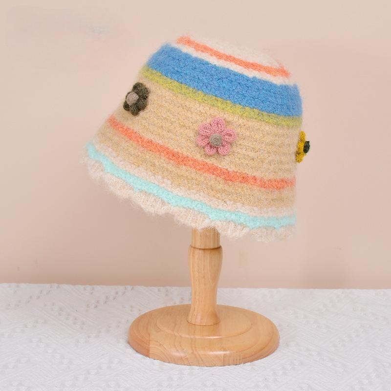 Japanese hollow knitted basin hat autumn and winter sweet dopamine wool hat women's colored flower bucket hat