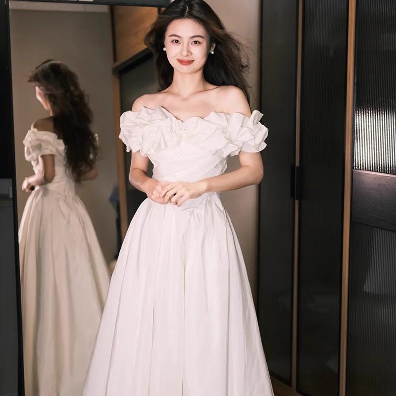 French Shoulder Evening Dress 1011 New Bridal Wedding White License Light Wedding Dress Engagement Banquet Dress