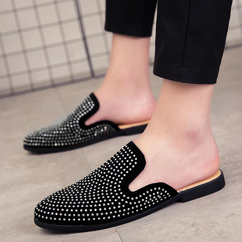 Luxury Glitter Rhinestone Leather Shoes Men Designer Outerwear Mules Casual Slides Slippers Sandals Male Fashion Shoes for Men