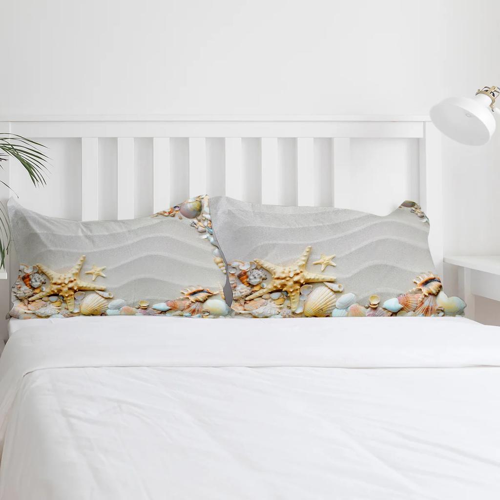 Strandsand Wellen Seestern Muschel Schneckenhaus Bettwäsche Set 3-teilig Bettbezug Kissenbezug Kinder Erwachsene Steppdeckenbezug Doppelbett Set Heimtextil