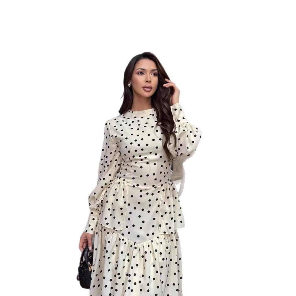 European and American women's clothing spring new polka dot printing layered skirt big pendulum long thin dress long dress